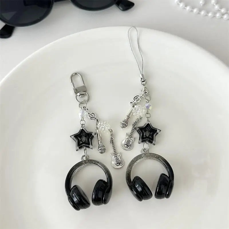 Glitter Earphone-shaped Keychain Cute Star Guitar Microphone Pendant Phone Chain Lanyard Girly Backpack Charms Bag Hanging Gifts - Artigo Importado