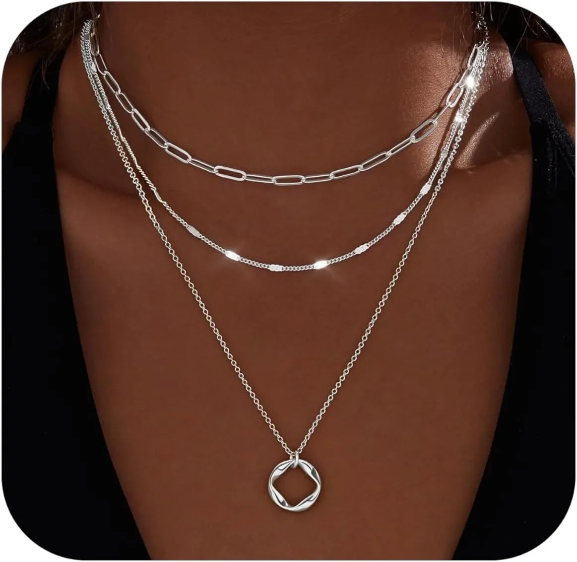 Layered 14k Gold Plated Necklaces for Women Stackable Silver Plated Circle Paperclip Chain Pendant Choker Necklace Set For Woman - Artigo Importado
