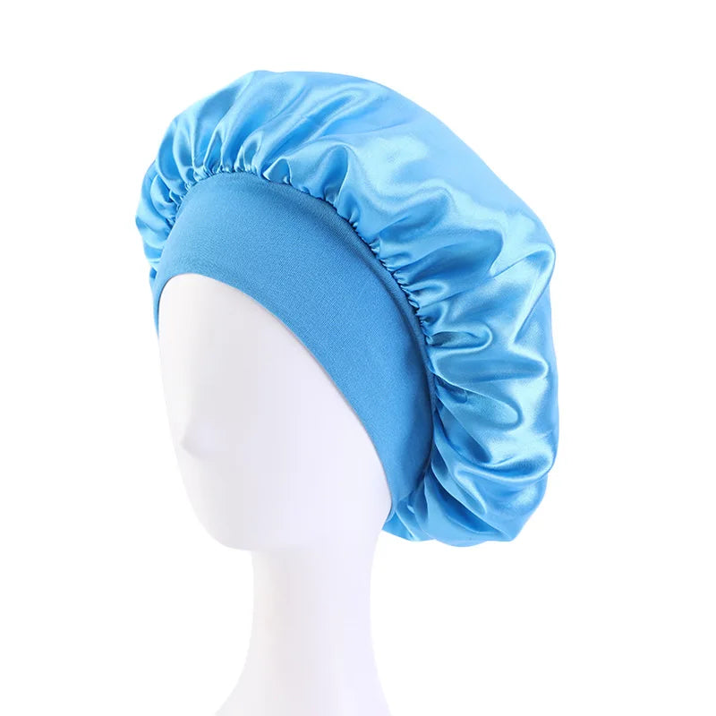 New Satin Wide Brim Nightcap Silky Bonnet Hair Wrap for Sleeping Sleep Cap With Elastic Soft Band Styling Cap Hair Wrapping Tool - Artigo Importado