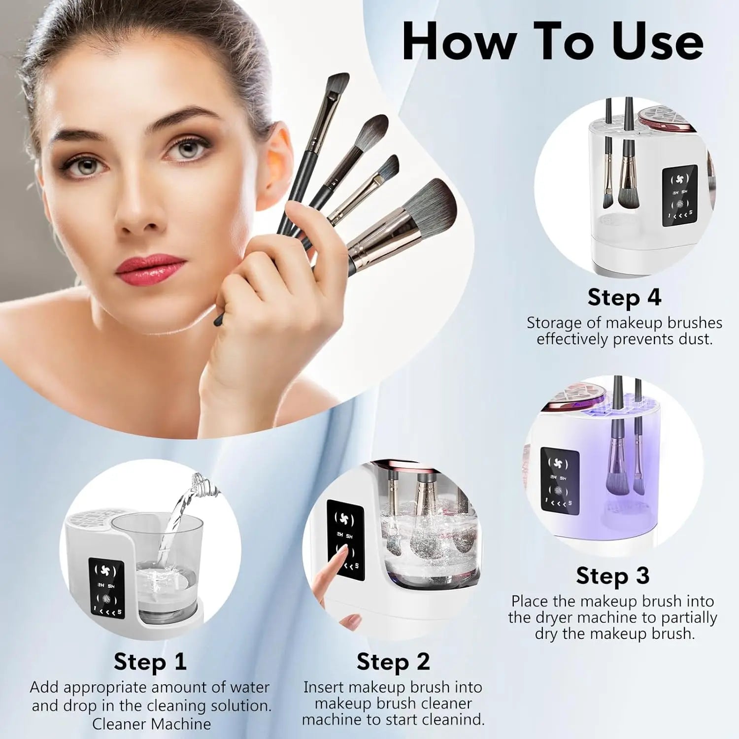 3 IN 1 Electric Makeup Brush Cleaner Machine with Makeup Brush Dryer for All Size Beauty Makeup Brush Cosmetic Tools Fast Drying - Artigo Importado