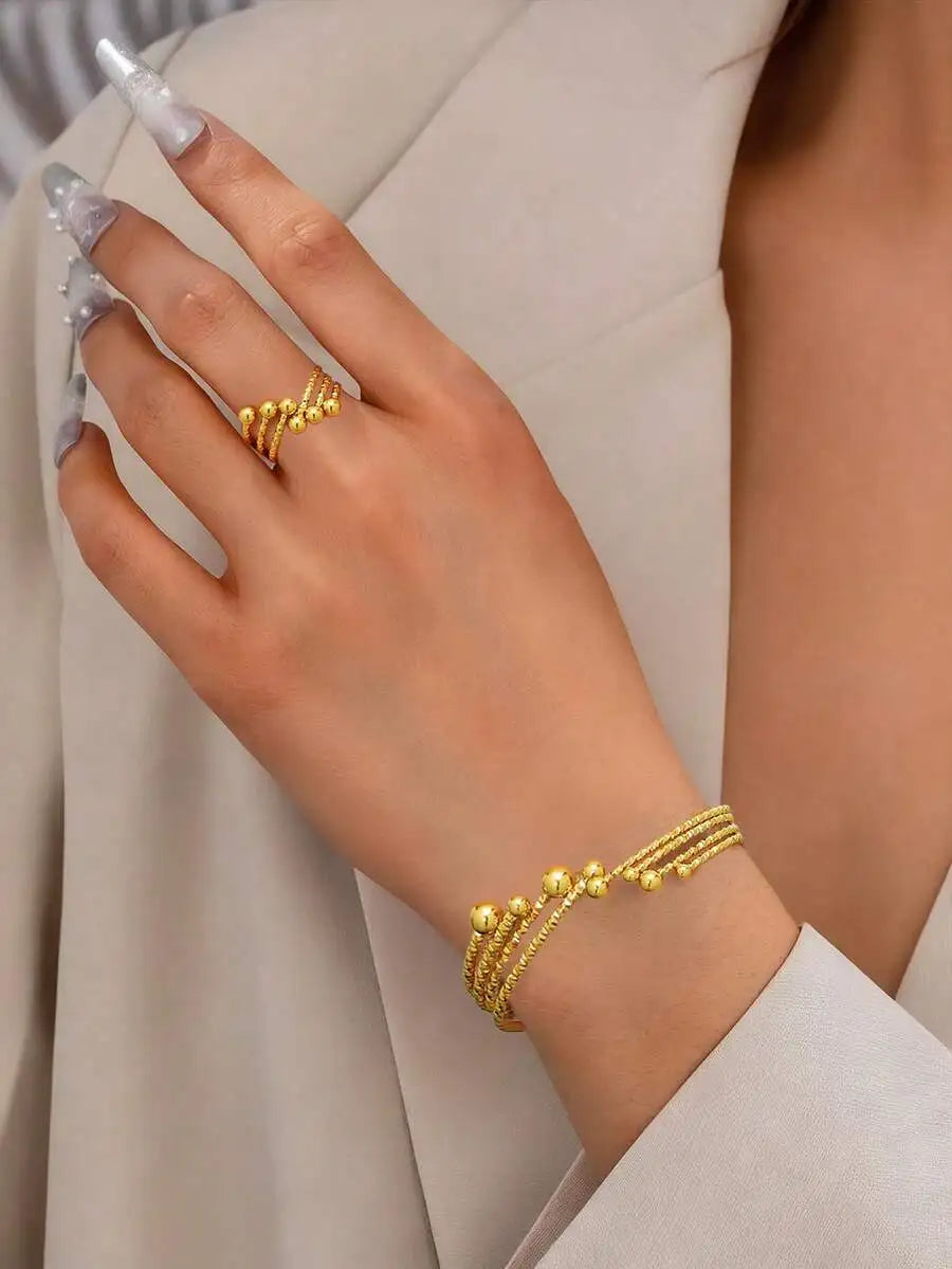 1/2pcs Minimalist Stainless Steel Geometric Line Gold Bracelet & Ring Jewelry Set, Versatile For Daily Wear And Party - Artigo Importado