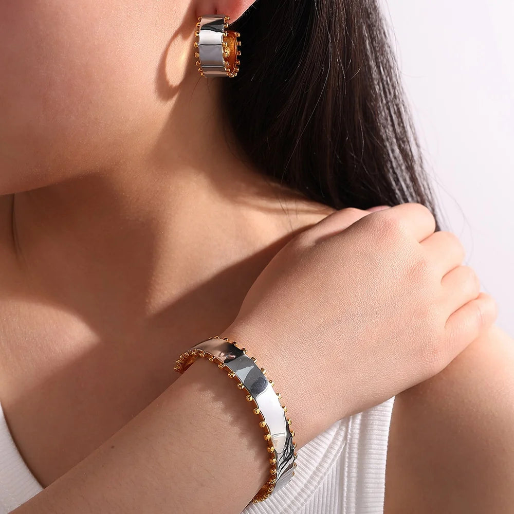 Minimalist Stainless Steel Jewelry Set Two-tones Open Bracelet Hoop Earrings Titanium Steel Statement Chunky Accessories Jewelry - Artigo Importado