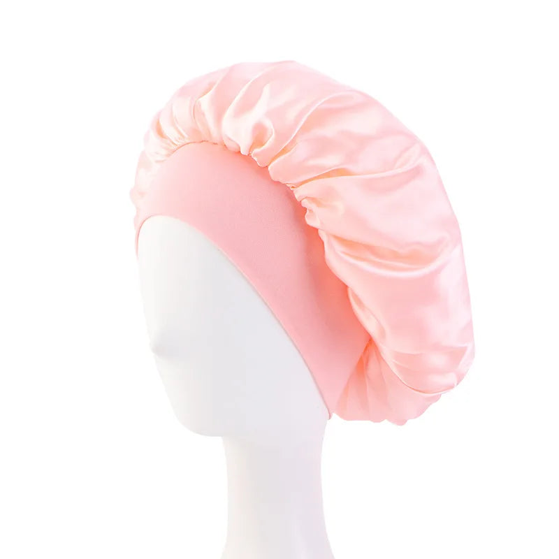 New Satin Wide Brim Nightcap Silky Bonnet Hair Wrap for Sleeping Sleep Cap With Elastic Soft Band Styling Cap Hair Wrapping Tool - Artigo Importado