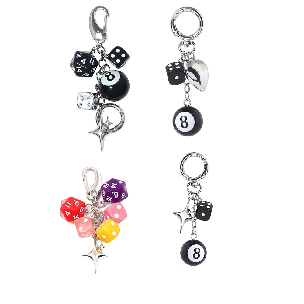 4PCS/lot Black Dice No. 8 Billiards Keychain Y2K Pink Lucky Dice Starburst Pendant Bag Charms Hangings Punk Ornament Accessories - Artigo Importado
