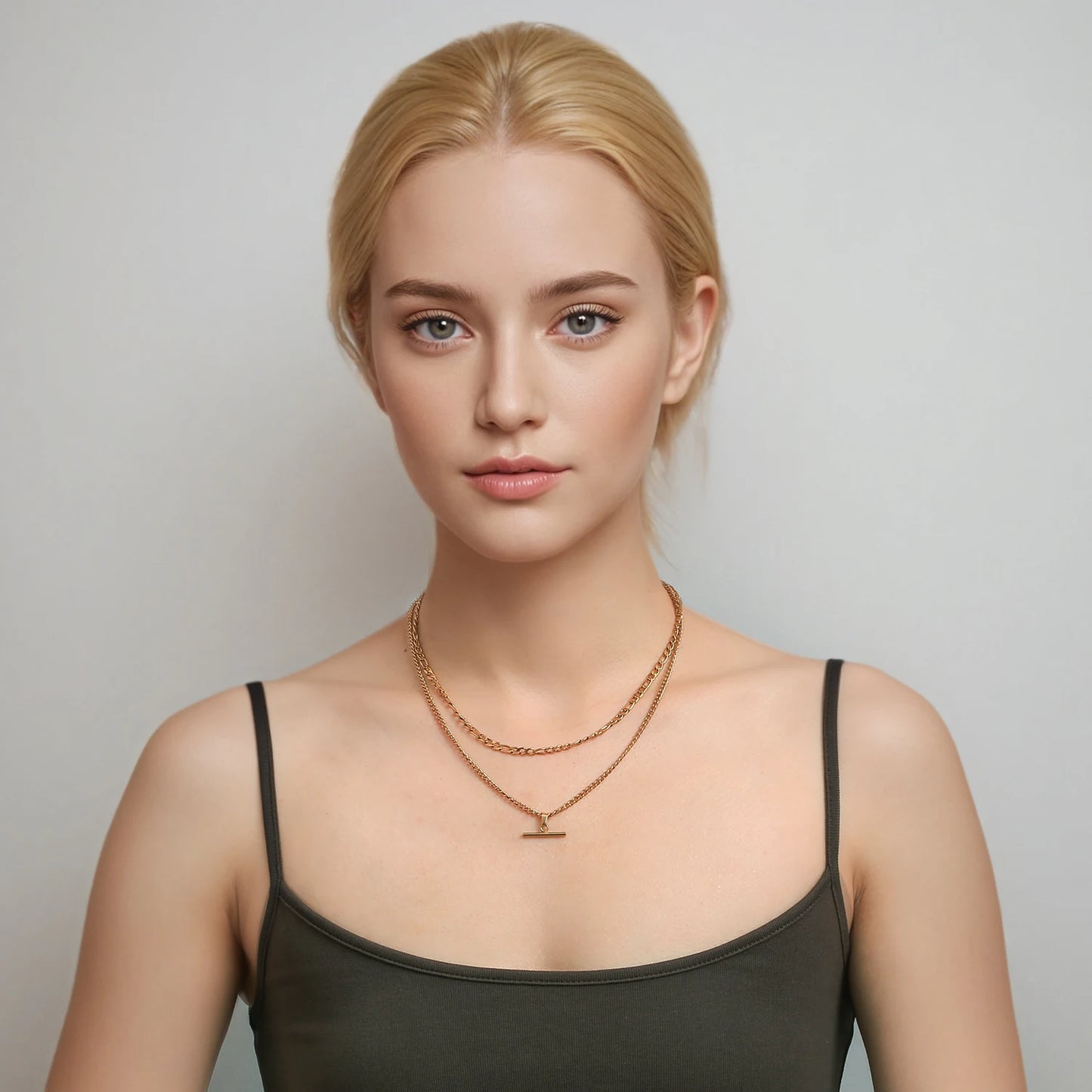 Layered Necklace for Women Minimalist Stackable - 18K Gold Plated Stainless Steel Hypoallergenic Elegant Double Chain Jewelry - Artigo Importado