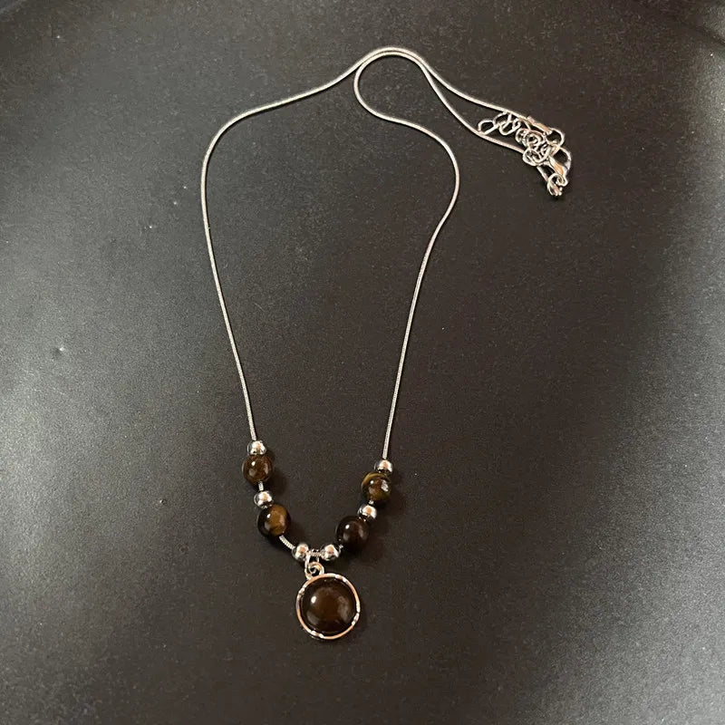 Vintage Leather Brown Stone Pendant Necklace Stacking Choker Temperament Clavicle Chain for Women Girl Autumn Winter Necklace - Artigo Importado