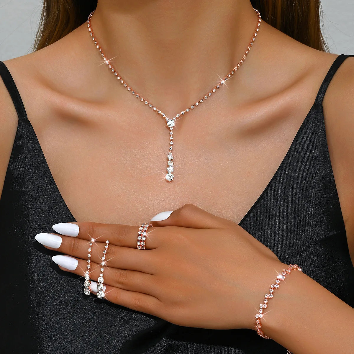 5Pcs Silver Prom Jewelry Set for Women Minimalist Rings Necklace Earrings Bracelet Set Wedding Party Dress Accessories Gifts - Artigo Importado