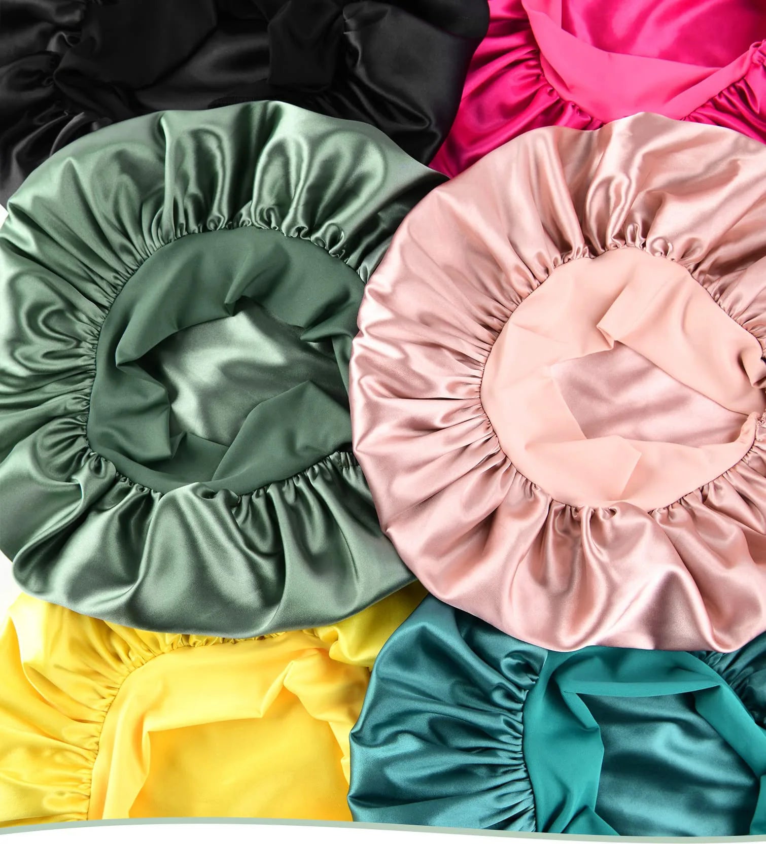 New Satin Double Layer Bonnet Solid Wide Tie Band Stretch Head Silky Bonnet Edge Wrap Nightcap Hair Care Shower Bonnet for Women - Artigo Importado