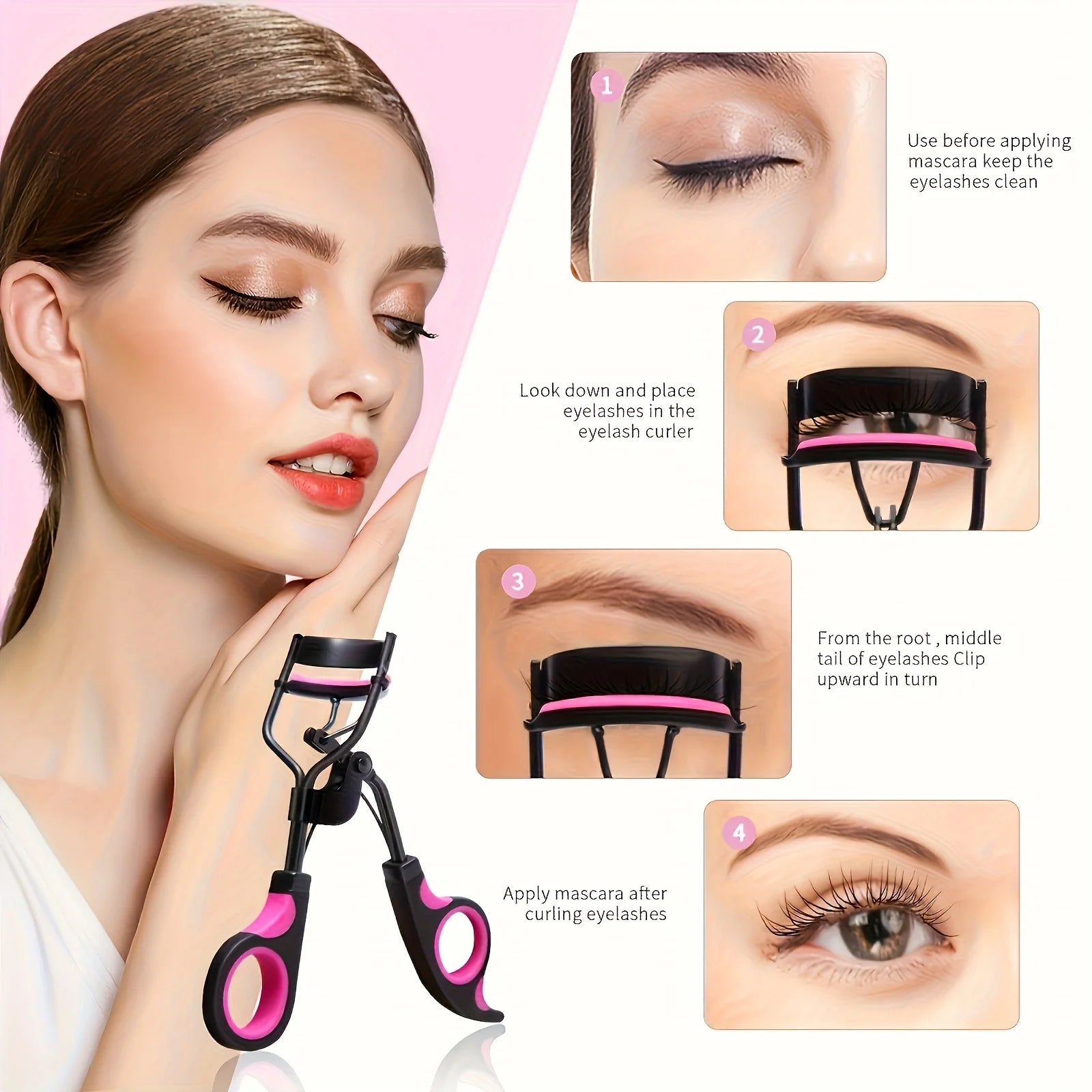 Women's Eyelash Curler Heavy-Duty & Ergonomic Handle with Contoured Design Black & Pink with Pink Tips Long-Lasting Lift - Artigo Importado