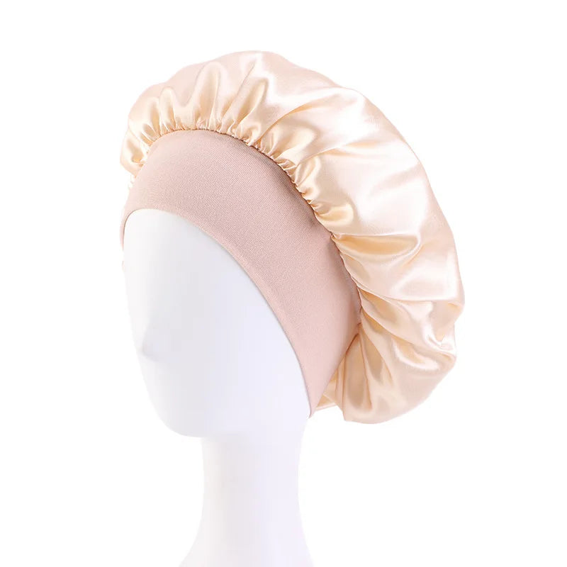 New Satin Wide Brim Nightcap Silky Bonnet Hair Wrap for Sleeping Sleep Cap With Elastic Soft Band Styling Cap Hair Wrapping Tool - Artigo Importado