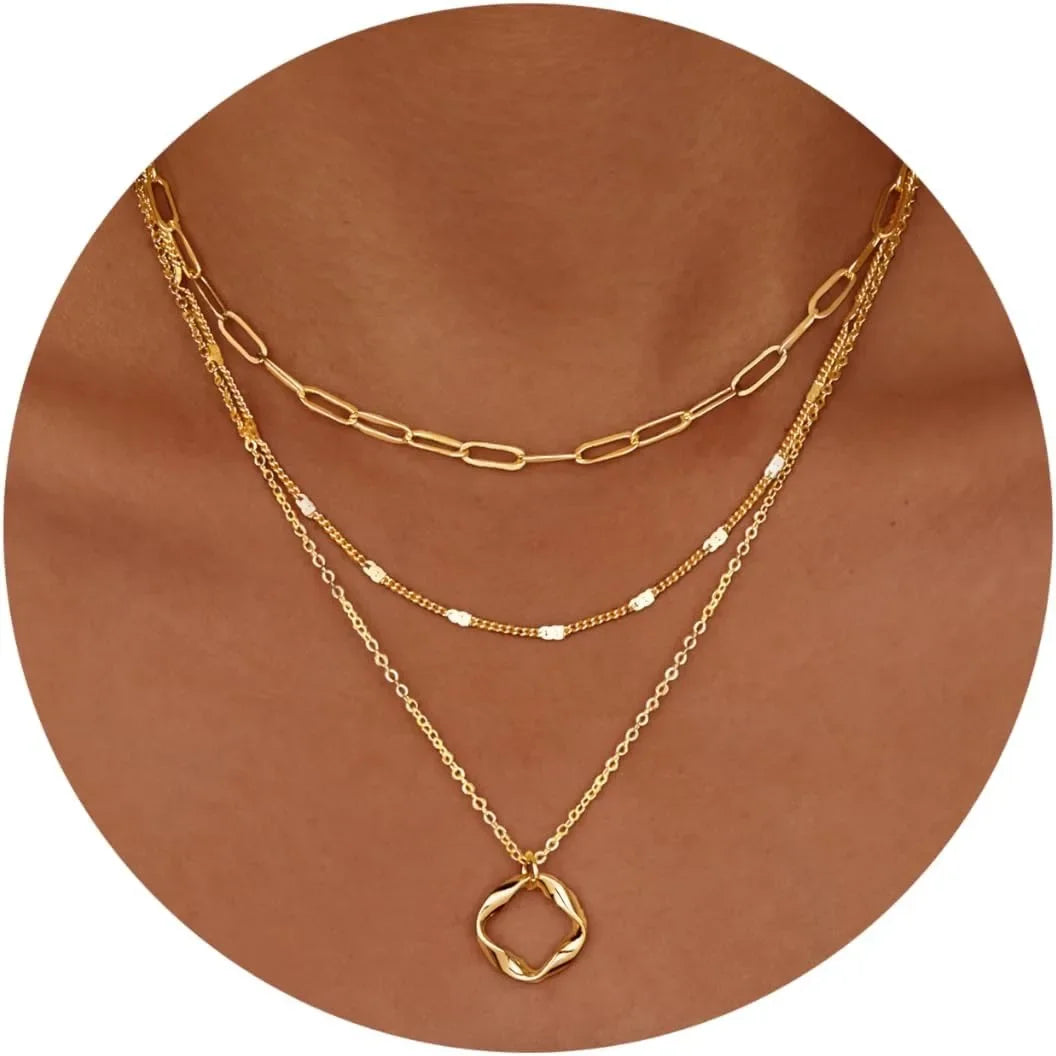 Layered 14k Gold Plated Necklaces for Women Stackable Silver Plated Circle Paperclip Chain Pendant Choker Necklace Set For Woman - Artigo Importado