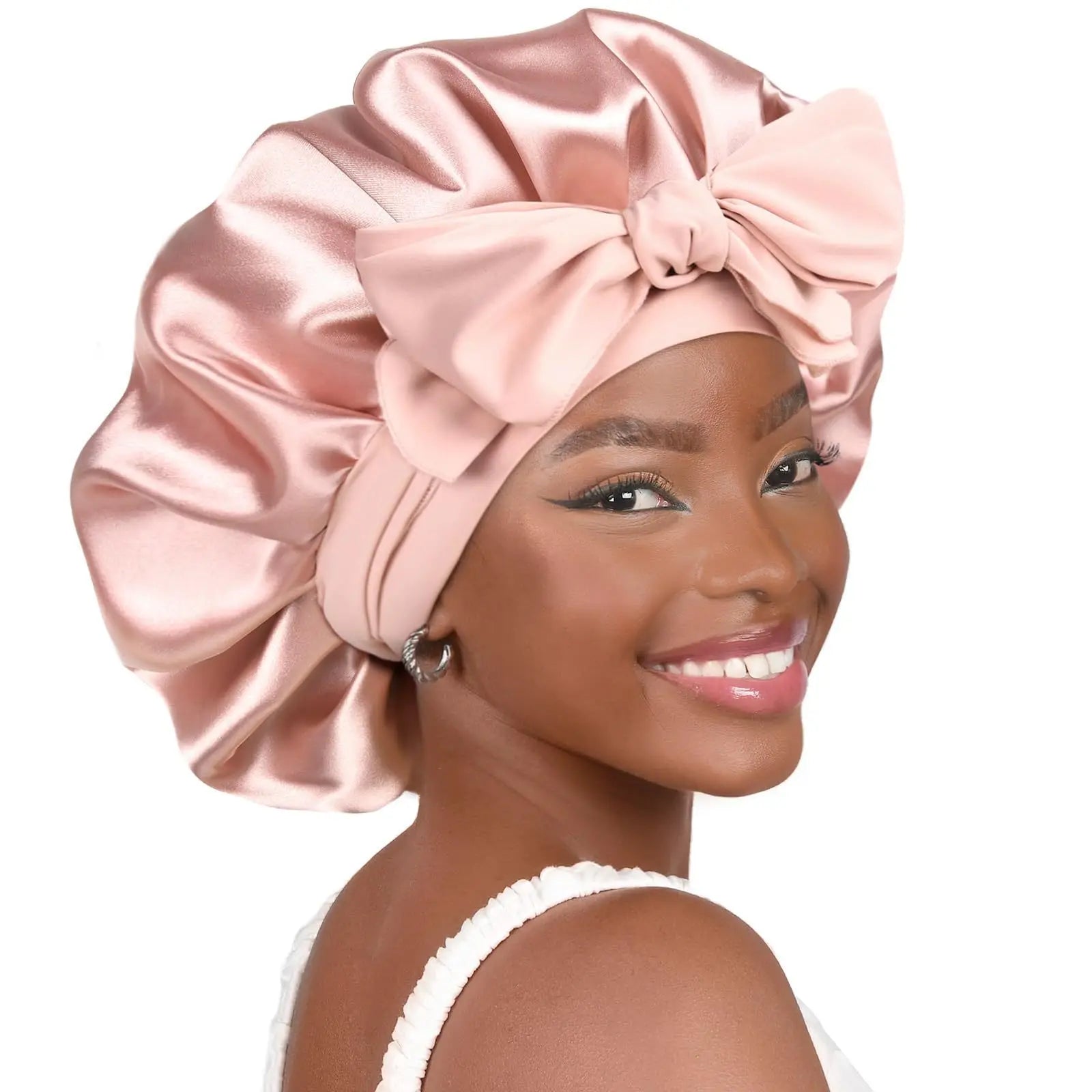 New Satin Double Layer Bonnet Solid Wide Tie Band Stretch Head Silky Bonnet Edge Wrap Nightcap Hair Care Shower Bonnet for Women - Artigo Importado