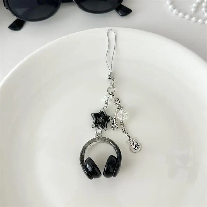 Glitter Earphone-shaped Keychain Cute Star Guitar Microphone Pendant Phone Chain Lanyard Girly Backpack Charms Bag Hanging Gifts - Artigo Importado