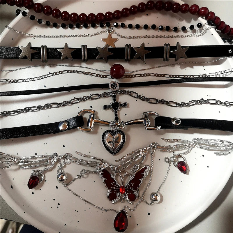 Gothic Y2K Red Butterfly Star Heart Cross Pendant Ghost Claw Choker Charms Necklaces Women Aesthetic Accessories Grunge Jewelry - Artigo Importado