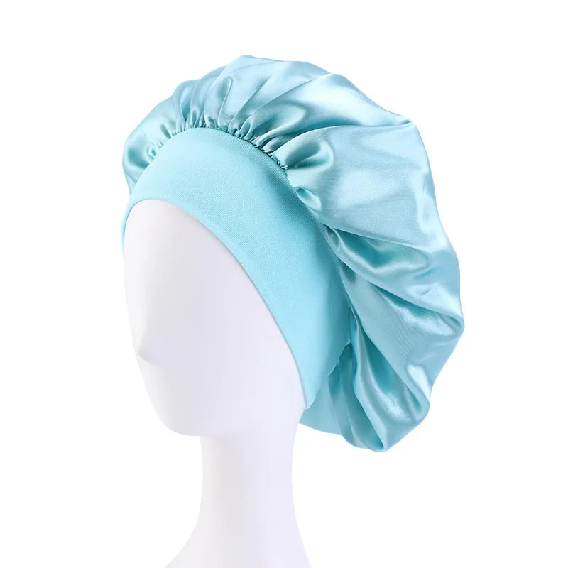 New Satin Wide Brim Nightcap Silky Bonnet Hair Wrap for Sleeping Sleep Cap With Elastic Soft Band Styling Cap Hair Wrapping Tool - Artigo Importado