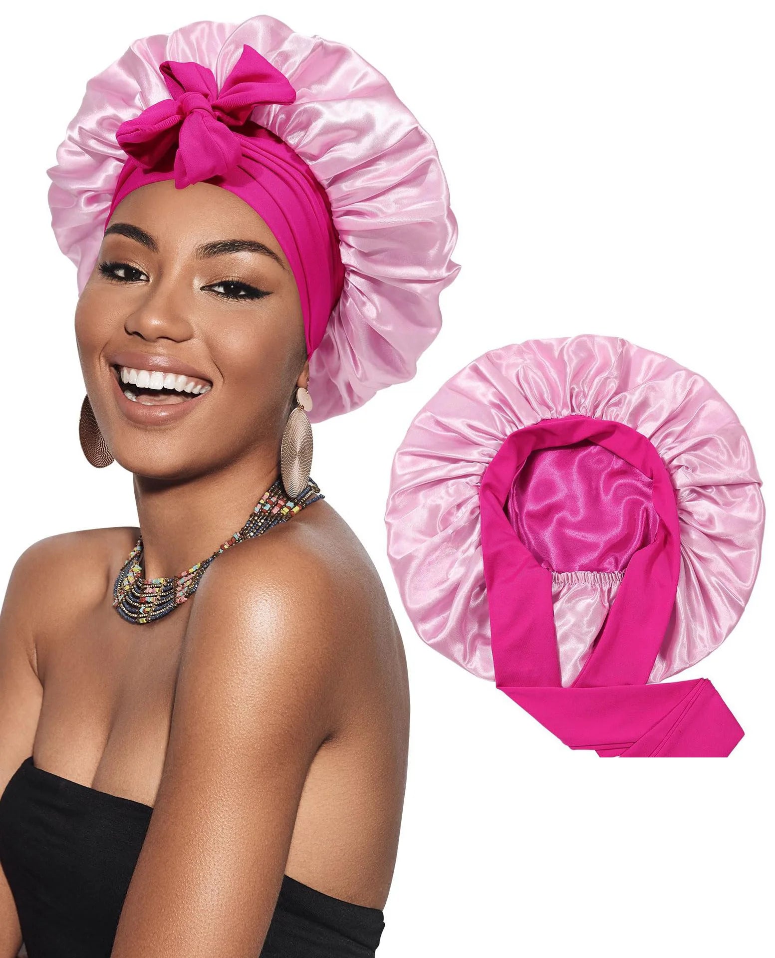 New Satin Double Layer Bonnet Solid Wide Tie Band Stretch Head Silky Bonnet Edge Wrap Nightcap Hair Care Shower Bonnet for Women - Artigo Importado
