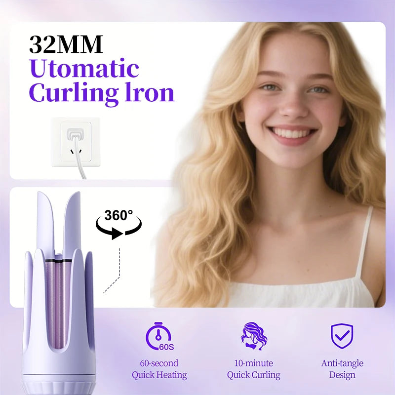 Automatic Hair Curling Iron 32mm Hair Curler Ceramic  Rotating Professional Hair Waver Curling Tool Hair curler for long hair - Artigo Importado