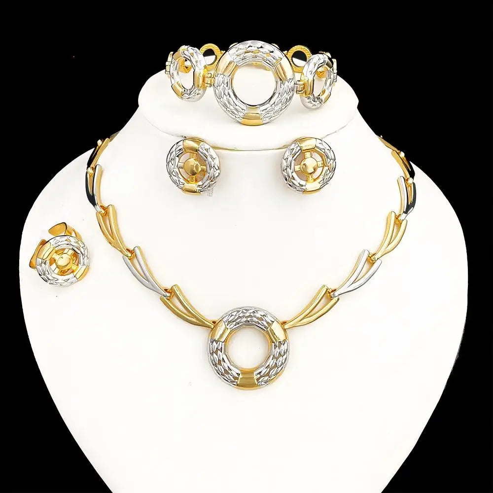 Italian Jewelry Set Fashion Minimalist Classic Design Two Tone Necklaces, Earrings Bracelet And Ring Weeding Party Gift - Artigo Importado