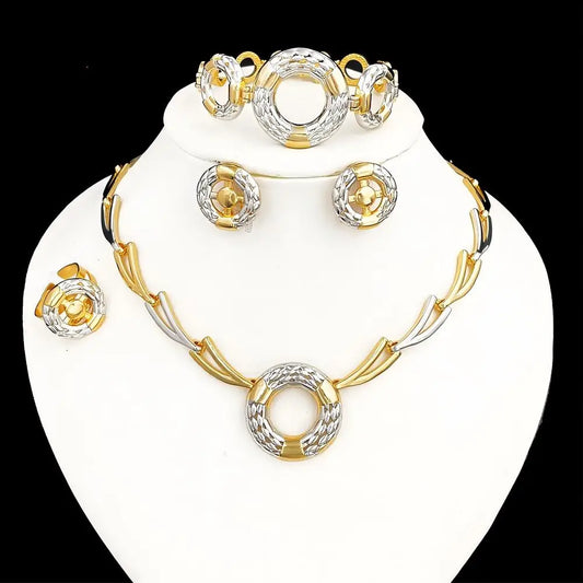 Italian Jewelry Set Fashion Minimalist Classic Design Two Tone Necklaces, Earrings Bracelet And Ring Weeding Party Gift - Artigo Importado
