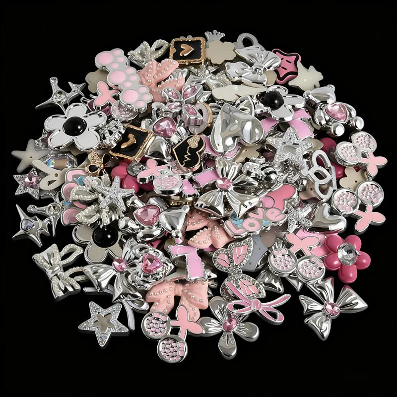 10/20/30/50pcs Random Mix Silver Color Heart Bow Star Charms For Junk Cases Flower Pink Girl Pendant DIY Hairpin Phone Case Bulk - Artigo Importado