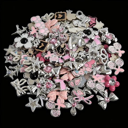 10/20/30/50pcs Random Mix Silver Color Heart Bow Star Charms For Junk Cases Flower Pink Girl Pendant DIY Hairpin Phone Case Bulk - Artigo Importado
