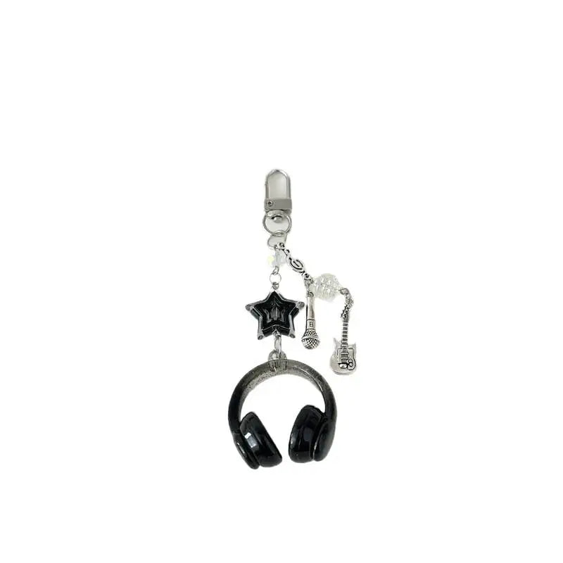 Glitter Earphone-shaped Keychain Cute Star Guitar Microphone Pendant Phone Chain Lanyard Girly Backpack Charms Bag Hanging Gifts - Artigo Importado