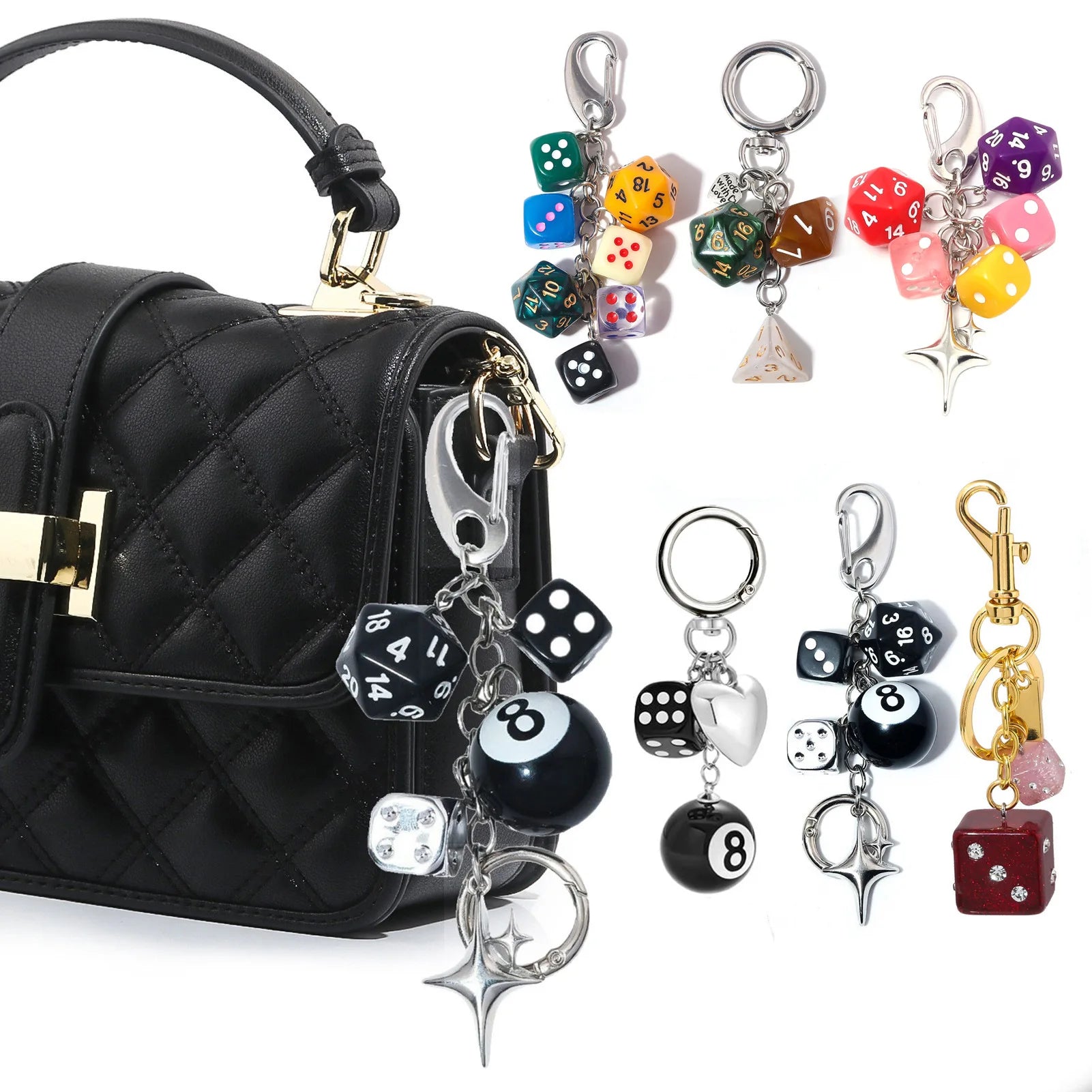 4PCS/lot Black Dice No. 8 Billiards Keychain Y2K Pink Lucky Dice Starburst Pendant Bag Charms Hangings Punk Ornament Accessories - Artigo Importado