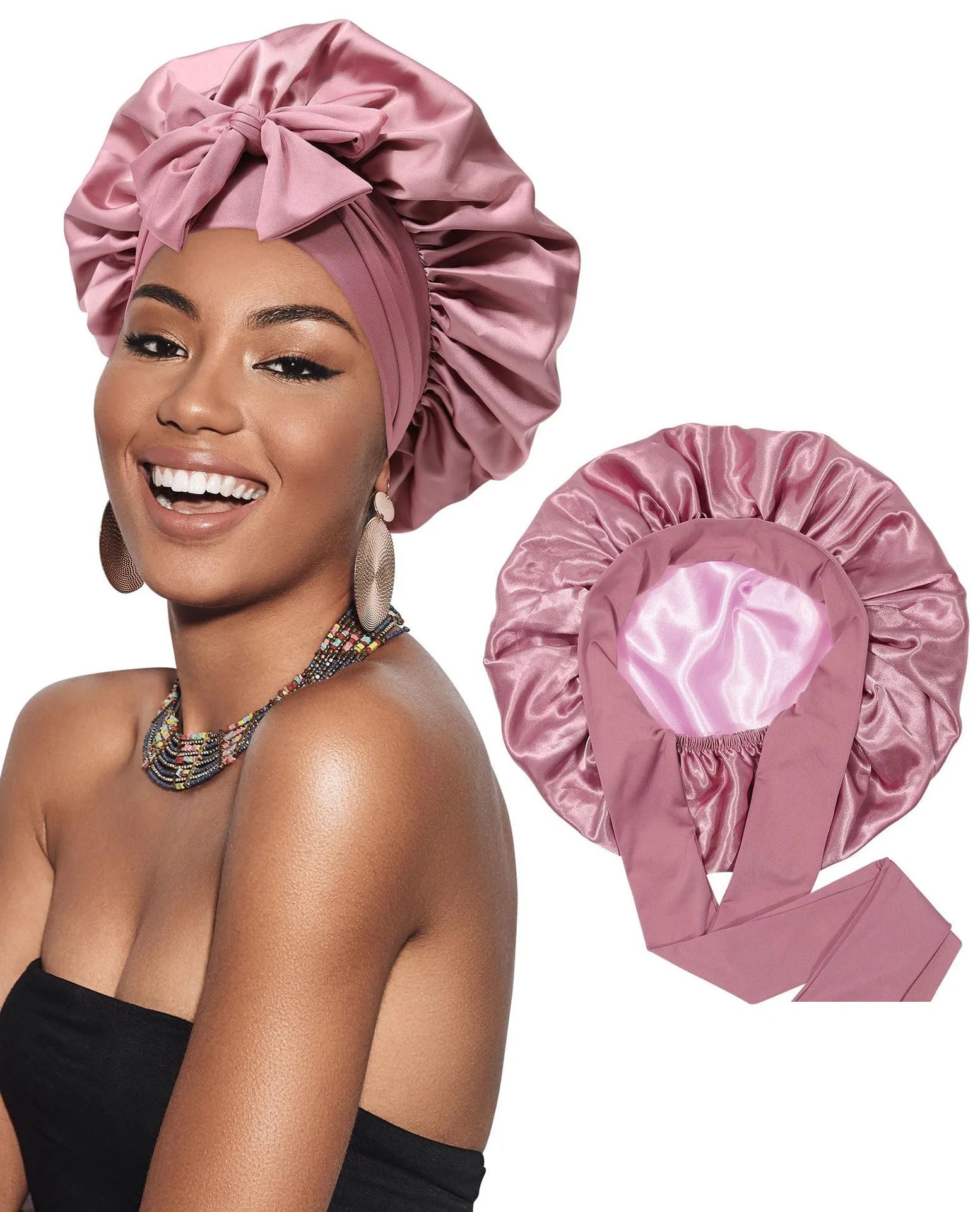 New Satin Double Layer Bonnet Solid Wide Tie Band Stretch Head Silky Bonnet Edge Wrap Nightcap Hair Care Shower Bonnet for Women - Artigo Importado