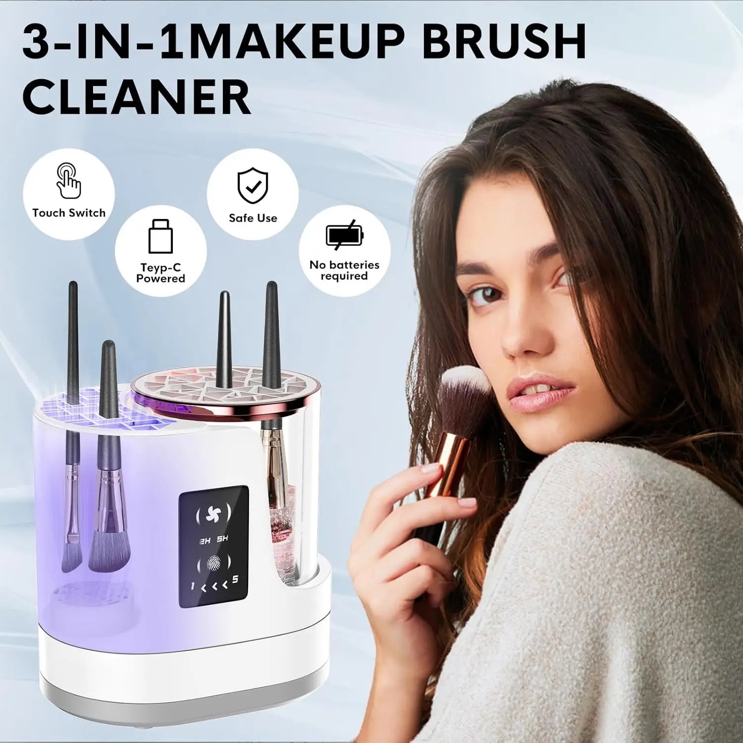3 IN 1 Electric Makeup Brush Cleaner Automatic Makeup Brush Cleaner with Makeup Brush Dryerfor All Size Beauty Makeup Brush Set - Artigo Importado