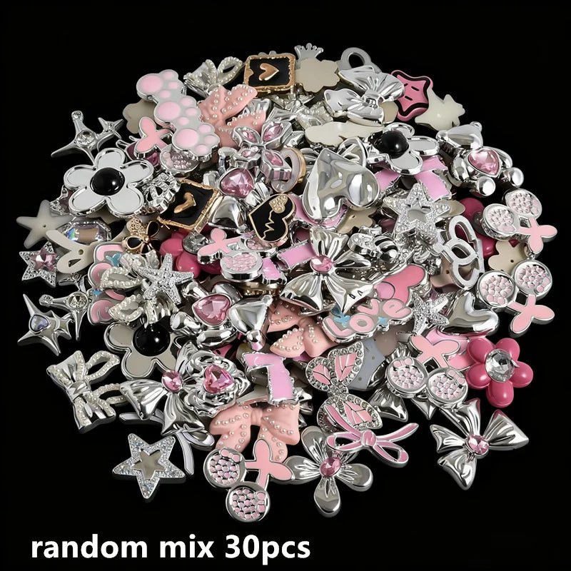 10/20/30/50pcs Random Mix Silver Color Heart Bow Star Charms For Junk Cases Flower Pink Girl Pendant DIY Hairpin Phone Case Bulk - Artigo Importado