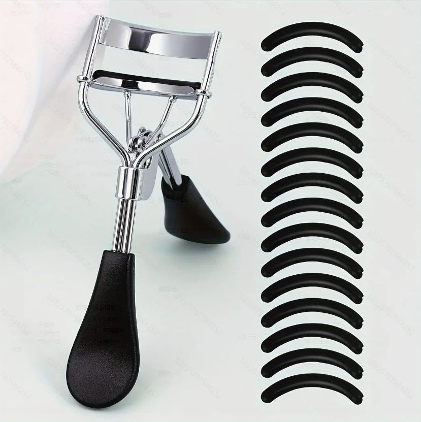 Portable Eyelash Curler with 15 Silicone Pads and Stainless Steel Eyelash Curler, Used for Eyelash Extension and Curling Tools - Artigo Importado