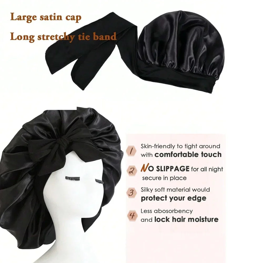 Satin Silk Hair Bonnet Adjustable Tie Band Wide-brimmed Night Sleeping Bathing Hat Bonnet for Women Unisex Protective Headwear - Artigo Importado