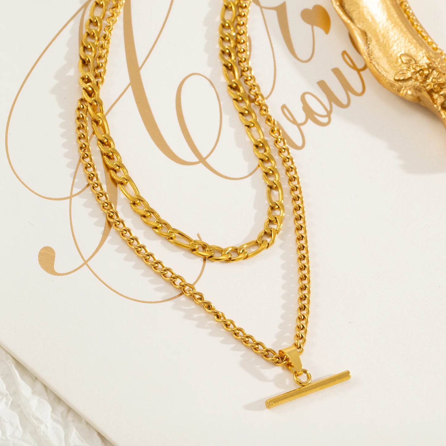 Layered Necklace for Women Minimalist Stackable - 18K Gold Plated Stainless Steel Hypoallergenic Elegant Double Chain Jewelry - Artigo Importado