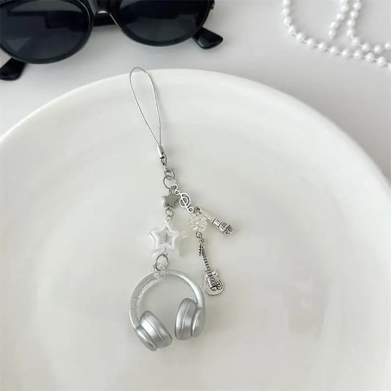 Glitter Earphone-shaped Keychain Cute Star Guitar Microphone Pendant Phone Chain Lanyard Girly Backpack Charms Bag Hanging Gifts - Artigo Importado