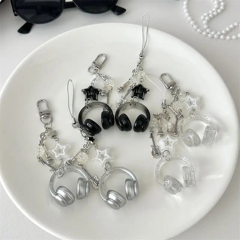 Glitter Earphone-shaped Keychain Cute Star Guitar Microphone Pendant Phone Chain Lanyard Girly Backpack Charms Bag Hanging Gifts - Artigo Importado