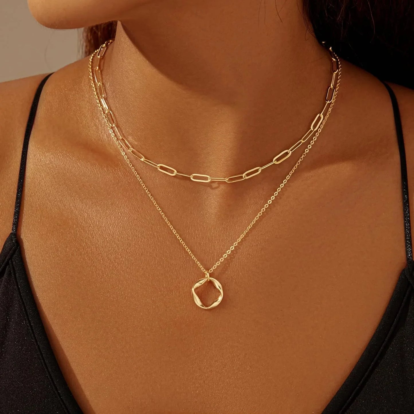 Layered 14k Gold Plated Necklaces for Women Stackable Silver Plated Circle Paperclip Chain Pendant Choker Necklace Set For Woman - Artigo Importado