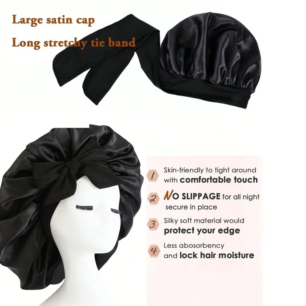 Satin Silk Hair Bonnet | Adjustable Tie Band | Sleep Bonnet for Women Men | Unisex Protective Headwear - Artigo Importado