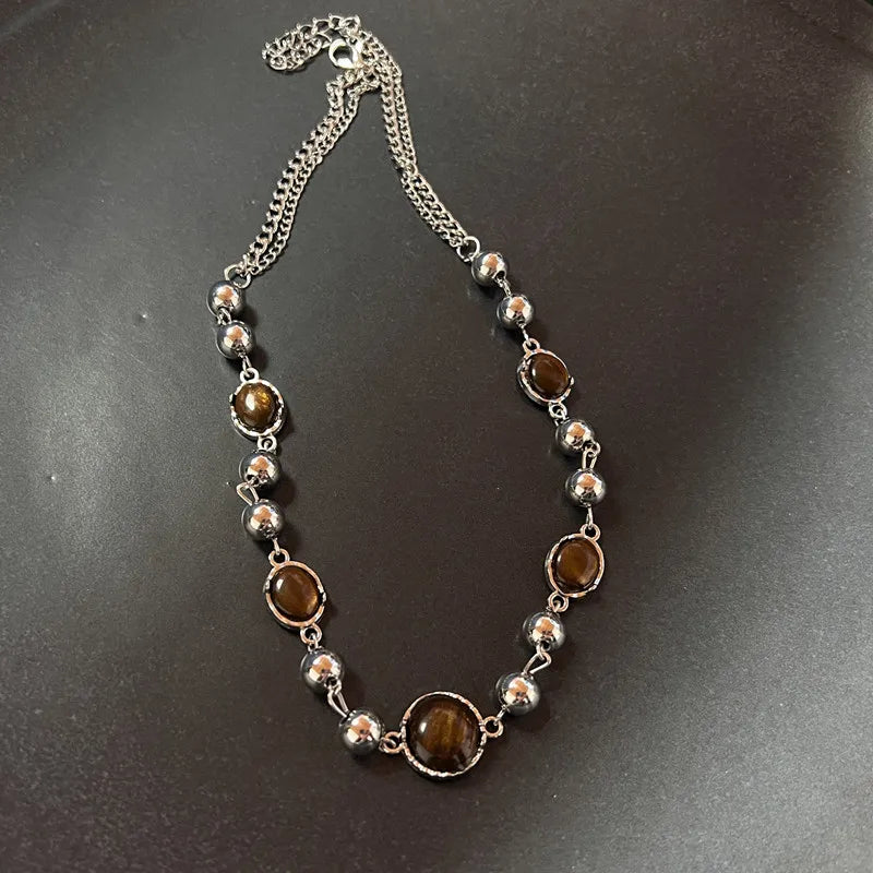 Vintage Leather Brown Stone Pendant Necklace Stacking Choker Temperament Clavicle Chain for Women Girl Autumn Winter Necklace - Artigo Importado