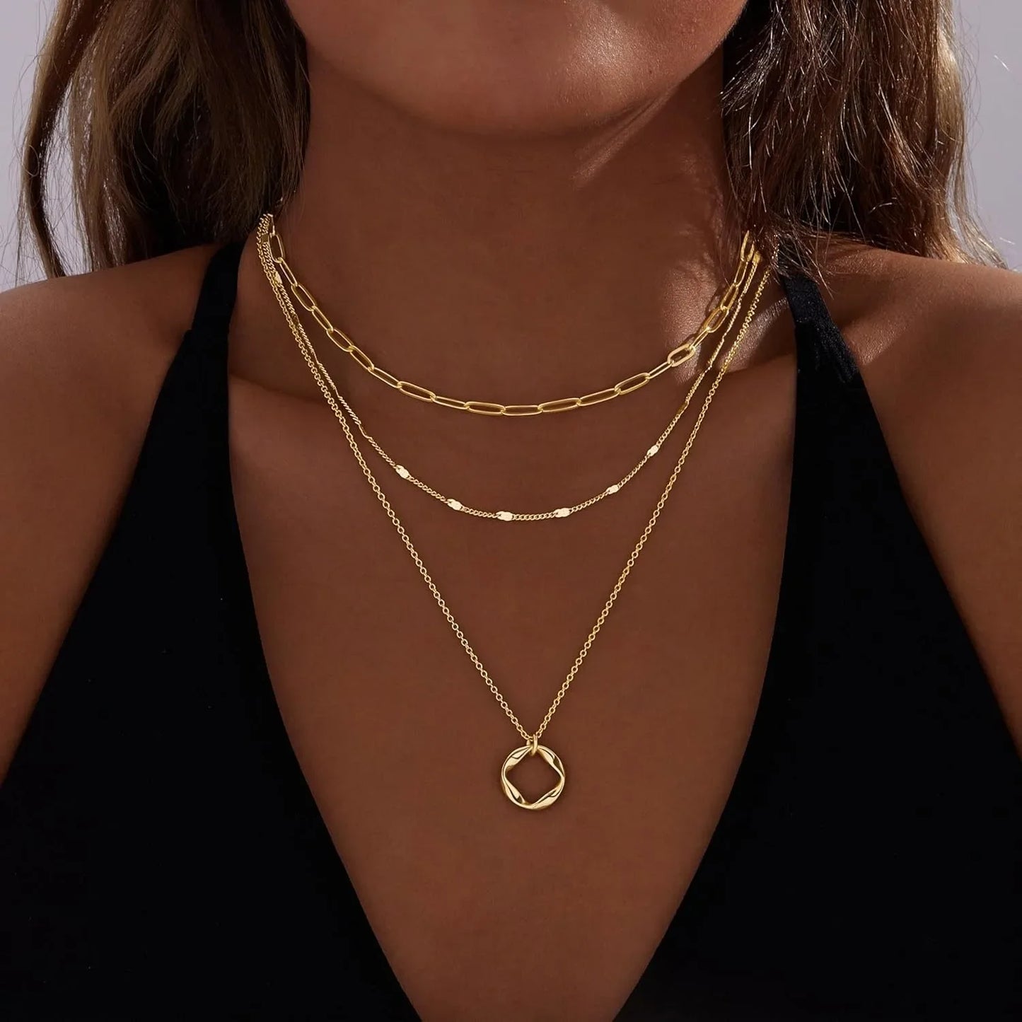 Layered 14k Gold Plated Necklaces for Women Stackable Silver Plated Circle Paperclip Chain Pendant Choker Necklace Set For Woman - Artigo Importado