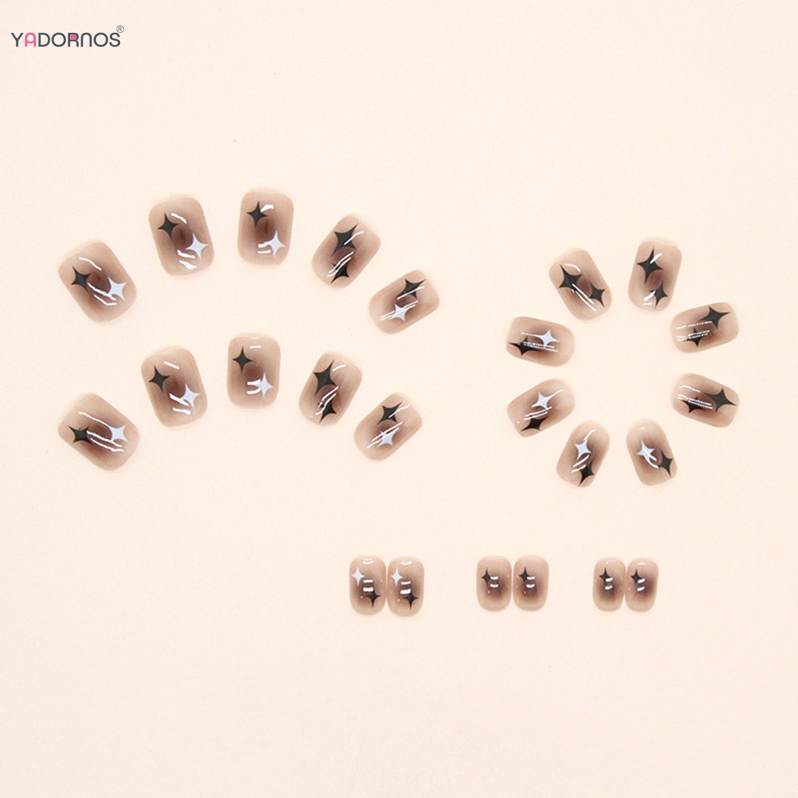 Y2K Black White Star Artificial Fake Nails Full Cover Short False Nail Removable Press on Nails for Women DIY Manicure 24Pcs - Artigo Importado