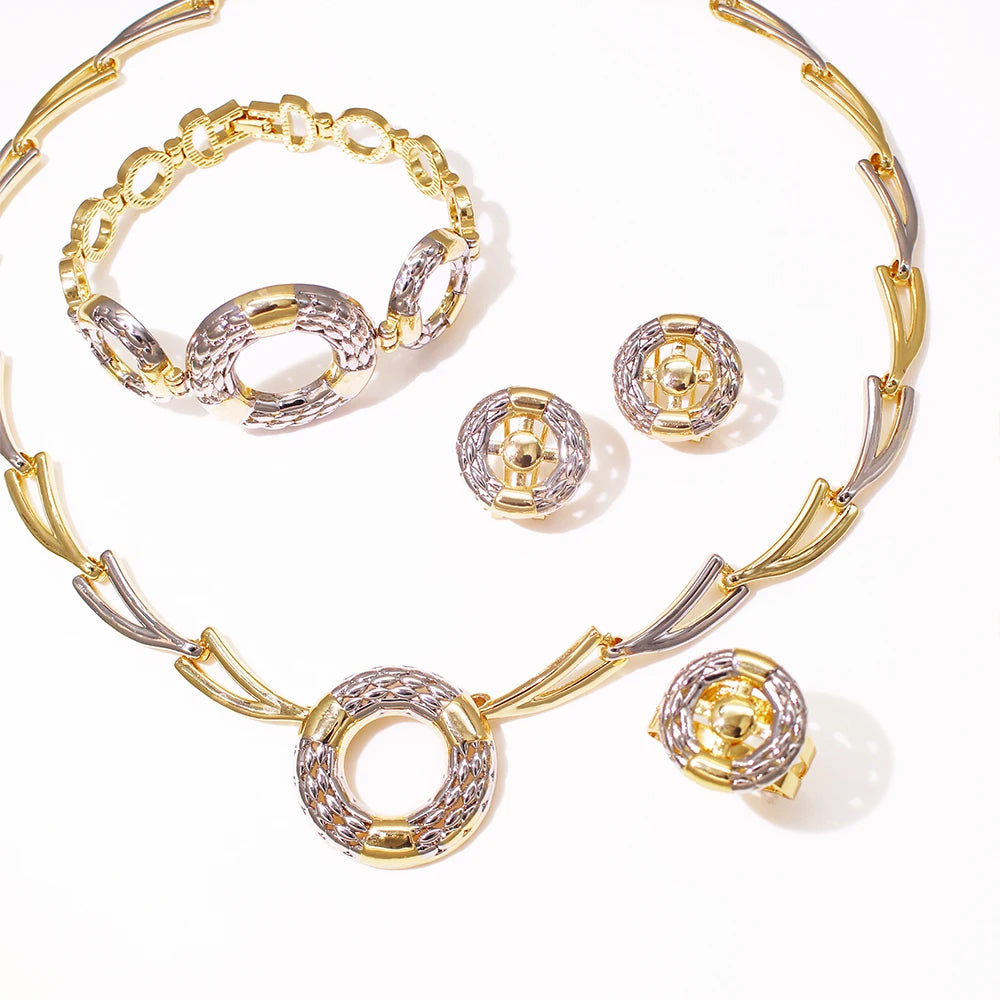 Italian Jewelry Set Fashion Minimalist Classic Design Two Tone Necklaces, Earrings Bracelet And Ring Weeding Party Gift - Artigo Importado