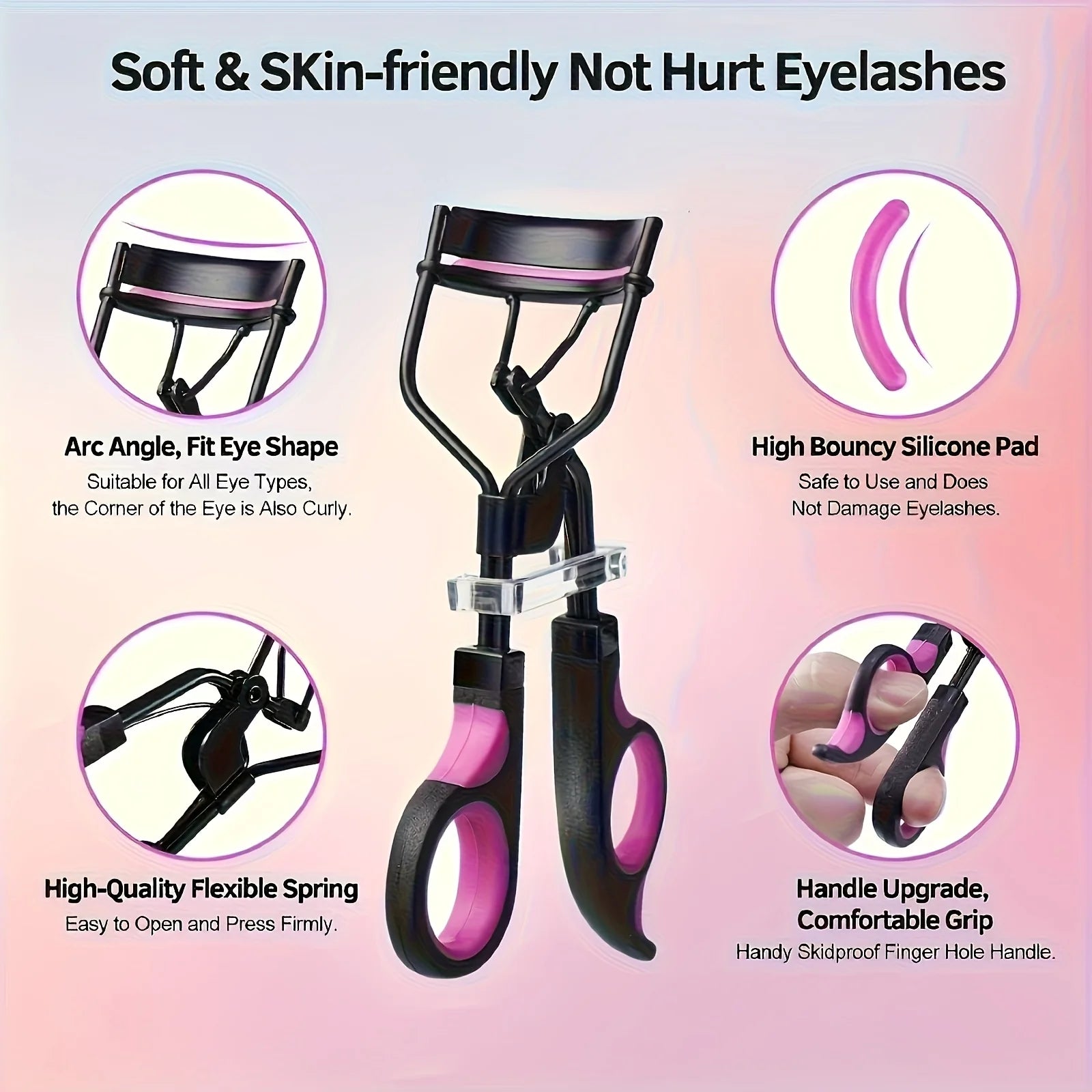 Women's Eyelash Curler Heavy-Duty & Ergonomic Handle with Contoured Design Black & Pink with Pink Tips Long-Lasting Lift - Artigo Importado