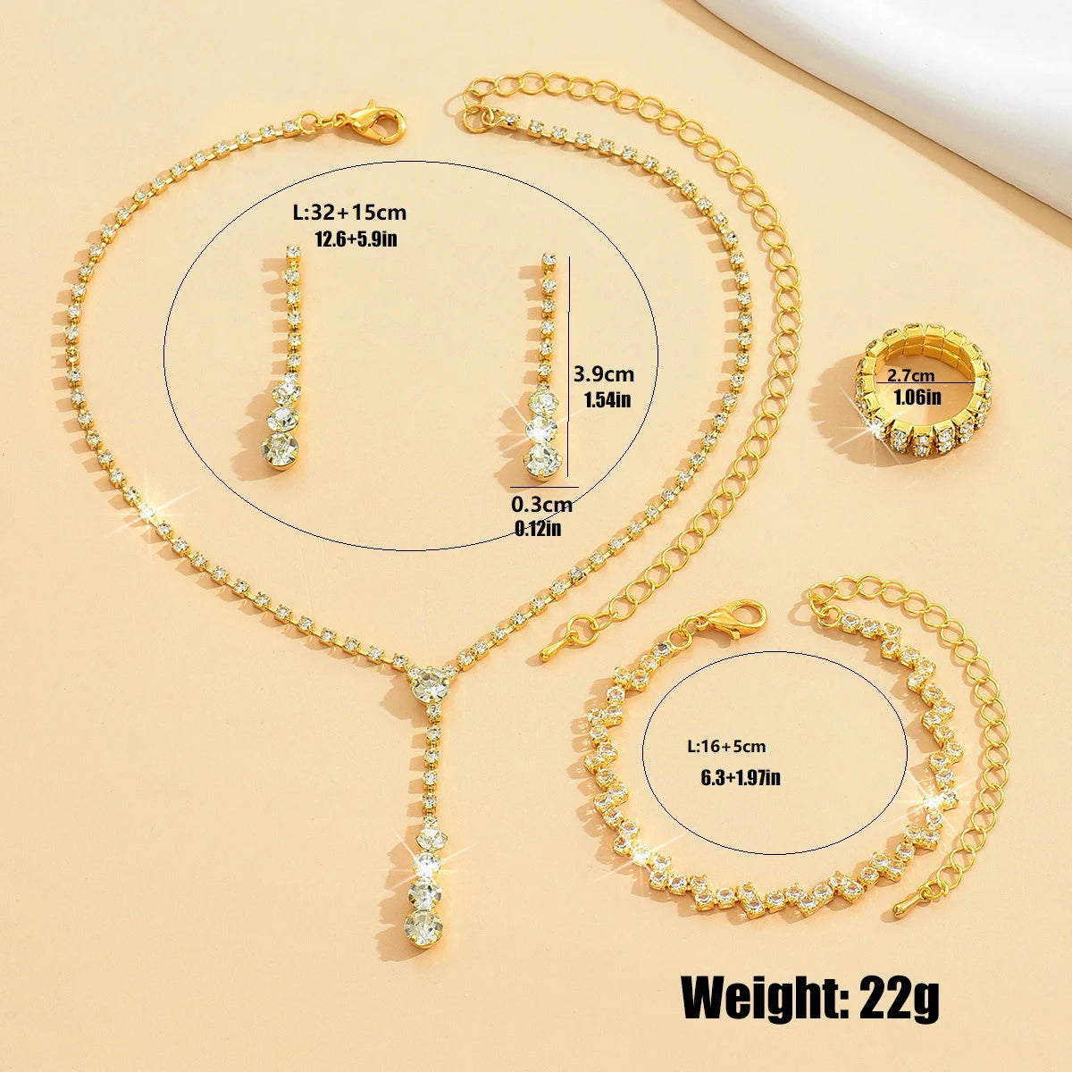 5Pcs Silver Prom Jewelry Set for Women Minimalist Rings Necklace Earrings Bracelet Set Wedding Party Dress Accessories Gifts - Artigo Importado