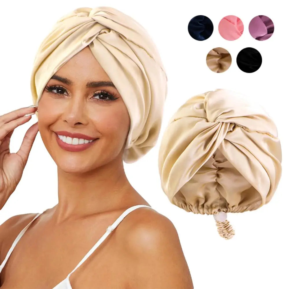 Pure Silk Turban Bonnets For Women Satin Sleeping Bonnet Hat Double Layer Twisted Hair Wrap Adjustable Silk Headwrap Hair Bonnet - Artigo Importado