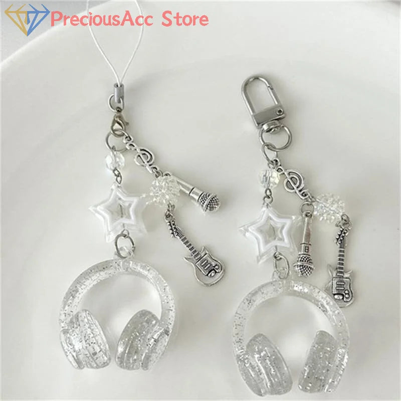 Glitter Earphone-shaped Keychain Cute Star Guitar Microphone Pendant Phone Chain Lanyard Girly Backpack Charms Bag Hanging Gifts - Artigo Importado