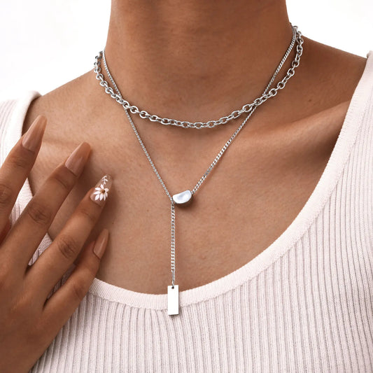 Layered Y Shape Pendant Necklace for Women, Stainless Steel Stackable Cuban Chain Jewelry - Artigo Importado