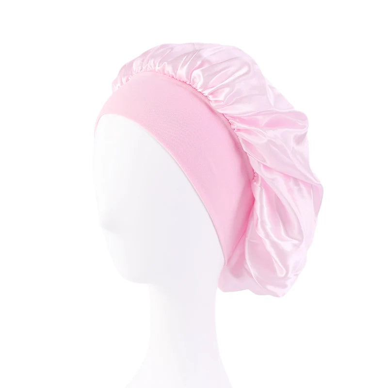 New Satin Wide Brim Nightcap Silky Bonnet Hair Wrap for Sleeping Sleep Cap With Elastic Soft Band Styling Cap Hair Wrapping Tool - Artigo Importado