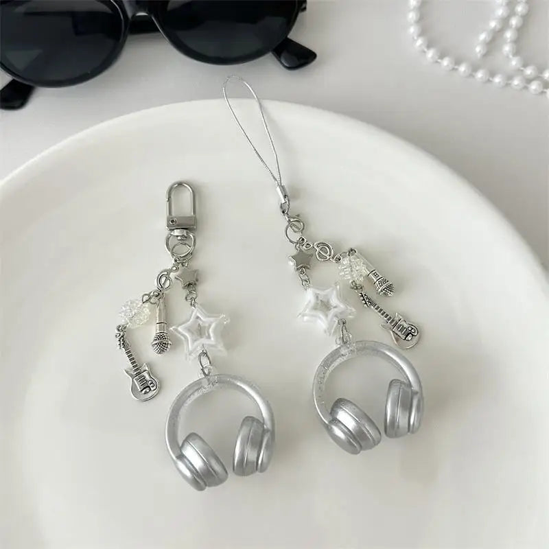 Glitter Earphone-shaped Keychain Cute Star Guitar Microphone Pendant Phone Chain Lanyard Girly Backpack Charms Bag Hanging Gifts - Artigo Importado