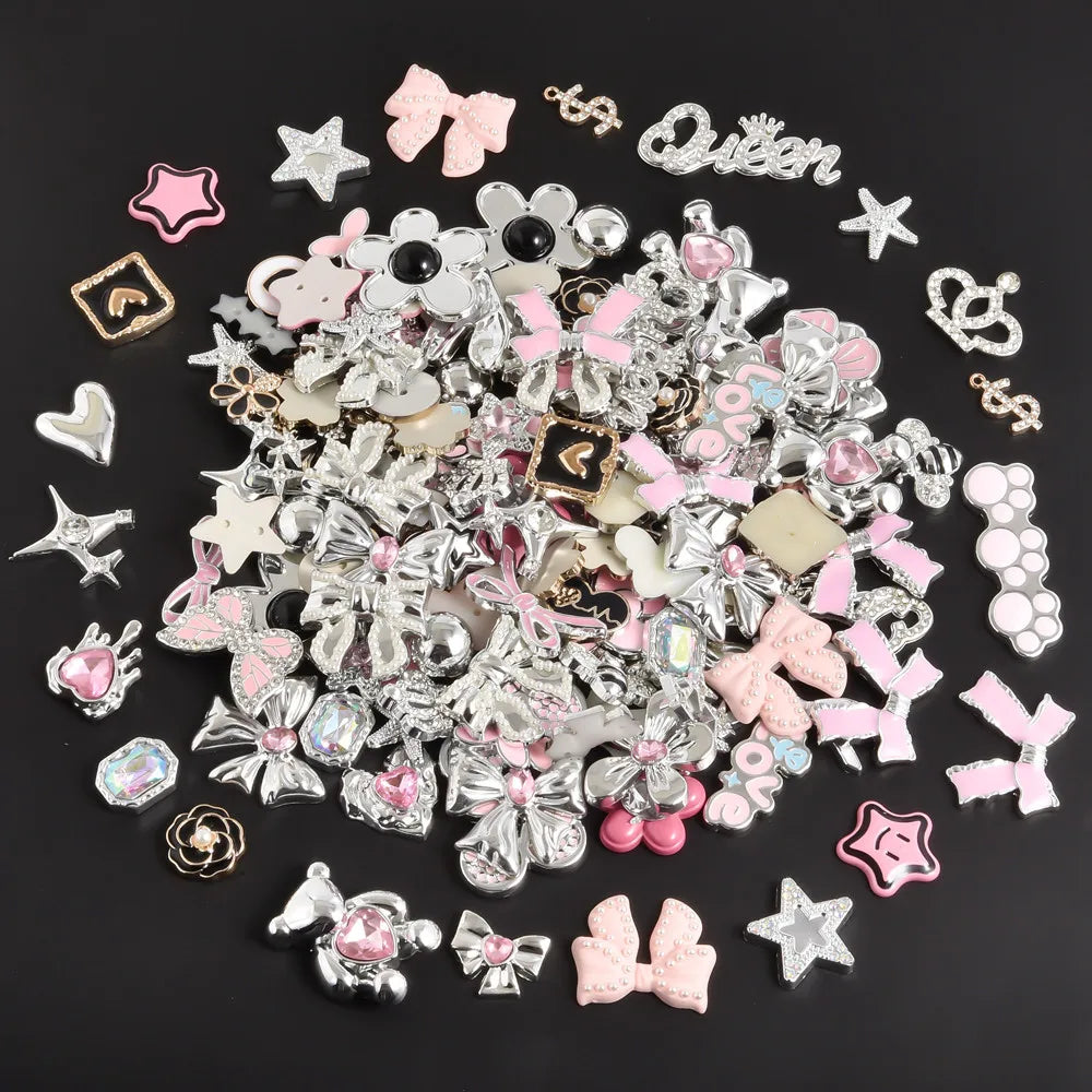 10/20/30/50pcs Random Mix Silver Color Heart Bow Star Charms For Junk Cases Flower Pink Girl Pendant DIY Hairpin Phone Case Bulk - Artigo Importado